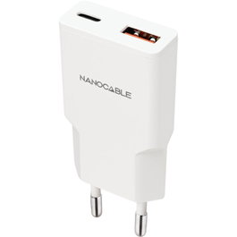 Nanocable Cargador de Pared 25W con USB-C PD y USB-A QC - Blanco
